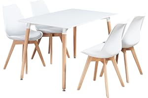 P&N Homewares® Lorenzo Dining Table and 4 Chairs Set Retro and Modern Dining Set White Black and Grey Chairs with White Dining Table (WHITE CHAIRS)
