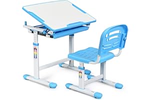 COSTWAY Escritorio para Niños con Silla Mesa de Lectura para Infantil con Cajón Ángulo y Altura Ajustable (Azul)
