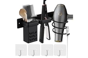 BWISUP Hair Dryer Holder Wall Mounted, Straightener Holder, Bathroom Hair Styling Care Tool Organizer, Multi-Functional Space Saving Storage Bracket with Plug Hook & Cup-Black