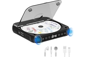 SKYANS Portable CD Player with Bluetooth 5.3, Rechargeable CD Player for Home, Built-in HiFi Speakers, Headphones, LCD Screen, Supports CD/AUX/USB and Repeat Modes,Black