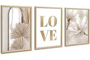 FAJERMINART 3Pcs En bois Cadre Boho Beige Blanc LOVE Magnolia Tableau Décoration Murale Salon Nordique Minimalisme Famille Impression sur Toile Peintures sur Toile Décor Murale pour Chambre Maison Bain 30x40cmx3