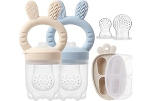ILEYLUY 3 Packs Silicone Baby Fruit Feeder with Freezer Nibble Tray Combo, Baby Fresh & Frozen Food Feeder Popsicle Molds for Teething Relief Includes Extra Food Pouches (Beige+Blue)