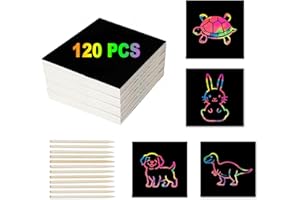 QIZHIQIAMY Carte à Gratter Enfant 120 Feuilles Dessin a Gratter Enfant 8.5 x 8.5cm Scratch Art Papier d'Art et 12 Stylets En Bois pour Dessin, Écriture, Jeux