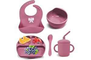 MIRACLE BABY Set Pappa Svezzamento per Bambini, Piatto con Ventosa Ciotola in Silicone Tazza con Cannuccia Cucchiaio Bavaglino Senza BPA Set di Stoviglie, Adatta a Lavastoviglie e Microonde (1, Rosa)