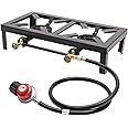 Portable Camping Double Burner Outdoor Gas Stove Propane Cooker with Adjustable Regulator Hose for Patio Camping, BBQ,8000W 0-10PSI 48 * 25 * 11.5cm