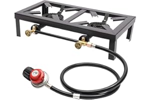 binxun Réchaud à gaz d'extérieur noir 8000 W - Double brûleur en fonte avec tuyau de régulation - Portable - Pour camping, jardin, barbecue, pieds fixes, portable et léger