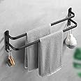 Fohome Towel Rail, Self-Adhesive Towel Rack with Hooks, 2 Tier Double Rod Towel Bar Towel Holder for Bathroom, Wall Mounted Towel Shelf Bar for Bathroom,Kitchen,Shower (Black-40cm)