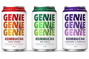 GENIE LIVING DRINKS GENIE Kombucha Drink | 03 flavours | Fermented 10 Days | Gut Friendly | Low Calorie | All Natural | Vegan | No Sweeteners No Nasties | Made in UK | Natural Energy | 03 x 330ml Cans Kombucha Drink