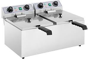Royal Catering Friteuse Électrique De Restaurant Double Deux Bacs Professionnelle RCTF-13DH (2x 3 200 W, 2x 13 l, Minuterie 60 Min., Cuves Amovibles, Zones Froides, Inox)