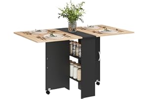 HOMCOM Folding Dining Table, Drop Leaf Table with 2-Tier Shelves, Rolling Casters, for Small Spaces, Kitchen, Oak and Black