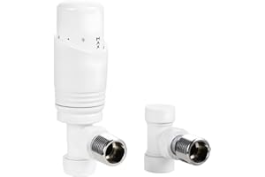 VANCOCO Glossy White Thermostatic Radiator Valves 15mm (TRV) with Lockshield, 1/2"×15mm Angled Radiator Thermostat Valve, H62 Brass, Energy Saving Modern TRV for Central Heating Syetem
