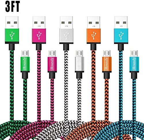 (Upgrade Version) Micro USB Cable Android, iRoundy 5-Pack Premium Nylon Braided High Speed USB 2.0 A Male to Micro B Data Sync and Charger Cable for Samsung,HTC,Huawei,Motorola,Nokia,Sony etc(3FT/1M)