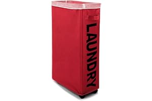 IHOMAGIC 62L Cestos para la Colada Rectangular con Ruedas - Cesto de Ropa Sucia Alta con Bolsa de lavandería extraíble, Cesto de Almacenamiento de Ropa Delgada, Bolsa de Lavandería Plegable (Rojo)