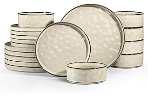 Homikit Dinner Sets for 6 People, 18-Piece Dinnerware Reactive Glaze Stoneware Set, Round Plates and Bowls for Home Kitchen, Chip & Scratch Resistant, Dishwasher & Microwave Safe, Retro Desert Khaki