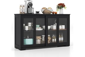 ‎COSTWAY COSTWAY Sideboard, Küchenschrank mit Glasschiebetüren & verstellbarem Ablage, Buffetschrank Aufbewahrungsschrank, für Küche, Esszimmer, Wohnzimmer, 107 x 33 x 64 cm, Holz (Schwarz)