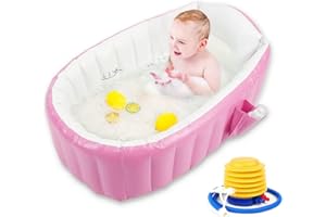 METALNUTS Inflatable Baby Bath – Portable Baby Bath Tub with Air Pump, Foldable Blow Up Bath for Newborns & Toddlers, Non-Slip Travel Toddler Bath with Drain Plug & Hook, Air Pool for Indoor & Outdoor Use, Pink