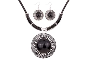 Yazilind Weinlese PU- Leder-Kette tibetischen Silber Runde Anhanger Bib Halskette Ohrringe Set Hochzeit