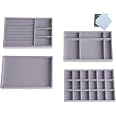 Rangement Bijoux,Rangement Bijoux Tiroir Organiseur 4 Pièces,Plateau de Bijoux en Velours Empilable,Organisateur de Bijoux Pour Bijoux, Boucles D' oreilles,Bracelet,Rangement de Bagues (Couleur beige