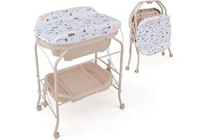 COSTWAY 4 in 1 Wickeltisch mit Badewanne, tragbare Wickelkommode mit PVC-Auflage & Abflussrohre, mobile Wickelstation klappbar mit Universalrädern für 0-12 Monate Baby, bis 35 kg belastbar (Beige)