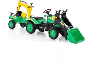 COSTWAY 3 in 1 Escavatore per Bambini, Trattore con Rimorchio Staccabile Cavalcabile, con 6 Ruote e 2 Benne, per Bambini 3-6 Anni (Verde)