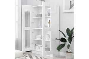 Homgoday Vitrina de Cristal con 4 Compartimentos 2 Puertas, Vitrina Salón, Mueble de Salón, Aparador Comedor, Aparador Cocina Vitrina de Madera ingeniería Blanco Brillante 82,5x30,5x150 cm