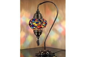DEMMEX Turkish Moroccan Mosaic Table Lamp–Handcrafted Tiffany-Style Colorful Glass Swan Neck Bedside, Desk Light, Boho Artisan Accent Lighting for Bedroom, Living Room–38cm H, Multicolor