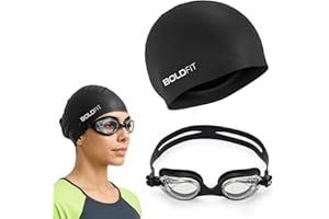 Boldfit Swimming Cap & Goggles Set for Men & Women - Silicone Cap & Anti-Fog Goggles - Black