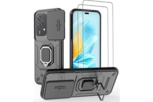 DERHAN Hülle für Honor 200 Lite, Panzerhülle mit Schutzfilm [2 Stück] + Slide Camera [Kameraschutz], Schutzhülle Stoßfest Handyhülle mit Ring Ständer - Schwarz