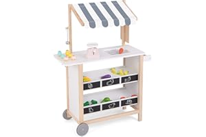 COSTWAY Kids Ice Cream Cart, Wooden Grocery Store Playset with 6 Pieces Play Food, Bell, Chalkboard and Scale, Role Play Dessert Shop Trolley for Ages 3+ (Grey Canopy)