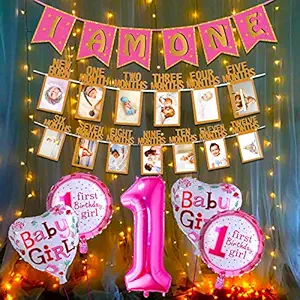 Party Propz Pink 1st Birthday Decoration for Baby Girl with Warm Led Light Set I Am One Paper Banner, 1-12 Month Milestone Paper Banner, Number 1 Foil Balloon and Round Foil Balloons Combo-8Pcs.