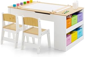 COSTWAY Kids Art Table and Chair Set, Wooden Toddler Craft Easel Desk with 2-Tier Open Shelf, Storage Bins, Paper Roll, Paint Cups, Children Play Activity Furniture