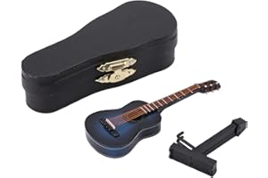 Miniature Guitar Model Wooden Musical Instrument with Stand and Box Children's Room Decoration Small Craft Ornaments Home Decor (Blue 10 cm)