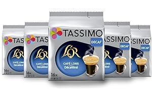 Tassimo, 80 Dosettes Café Long Décaféiné L'OR, Compatibles avec les machines TASSIMO, 80 Cafés sans caféine, 5 packs de 16 dosettes