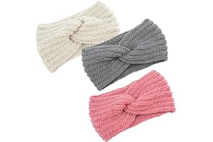 PSOWQ Lot de 3 bandeaux pour enfants filles,bandeaux tricotés,bandeau tricoté d'hiver pour femme,bandeau élastique pour cheveux,bandeau polyvalent pour femme automne et hiver (beige + gris + rose)