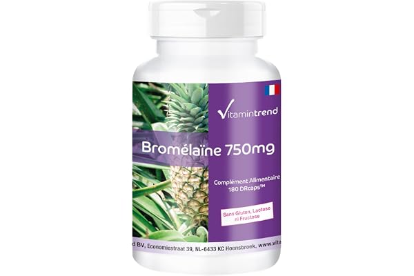 Vitamintrend Bromélaïne 750 mg, 180 gélules gastro-résistantes, hautement dosé, complément alimentaire vegan sans stéarate de magnésium, fabriqué en Allemagne
