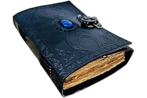 ALCRAFT Journal en cuir fait à la main avec pierre lapis cristal noir triple lune – Livre d'ombres, papier à bord de pont antique – Carnet de croquis, grimoire, livre de sorts vierges, géométrie