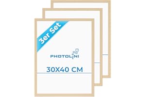 PHOTOLINI Cadre 30 x 40 bois MDF naturel, lot de 3 cadres photo 30x40 pour posters, picture frame 40x30, verre acrylique incassable, décoration murale à suspendre, avec accessoires supplémentaires