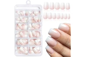LunarCharm 144 Stück Ombre Coffin Press on Nails, kurze künstliche Nägel rosa weiß Ombre-Acrylnägel, zum Aufdrücken kurze falsche Nägel, künstliche Fingernägel