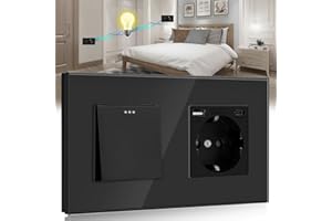 BSEED Interruptor de pared con Enchufe Negro,1 Gang 2 Vías Interruptor conmutador+16A Schuko Enchufe con 1 Puerto Tipo C y 1 Puertos USB,16A Interruptor de luz de botón pulsador