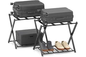 SOARS Portavaligie Pieghevole in Metallo 2 Pezzi 68 x 45 x 57 cm, Cavalletto Reggivaligie Multiuso con 2 Ripiani, Portabagagli Salvaspazio per Casa e Hotel Robusto, Portata 80 kg (Nero)