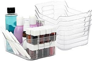 Amtido Clear Plastic Organiser Storage Small, 5 Pack (20.5 x 8 x 13.5 cm) – Durable, BPA-Free Fridge Organisers with Handles - Tray Storage for Kitchen, Fridge, Pantry, Bathroom, Office