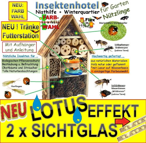 INSEKTENHOTEL,LOTUS-AUSFÜHRUNG (mit wasserabweisender Oberfläche), MIT 2 x SICHTGLAS ca. 8 mm und 11 mm (2 BEOBACHTUNGSRÖHRCHEN aus Glas, mit Zellstoff-Verschluss und Anflughilfe) MIT TRÄNKE SD und FUTTERPLATZ, Futterstelle, moosgrün grün natur Nistkasten Schmetterlinge Bienen Marienkäfer,Insektenkasten, Insektenhaus, funktionelle Garten Deko passend zum Vogelhaus oder Vogelhäuschen - 8