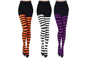 YIAJIA Striped Tights,3 Pairs Halloween Tights,Full Length High Waist Striped Leggings Stocking,Halloween Costumes for Women Girls Ladies Witch Cosplay,Fancy Dress Costume Accessories,White Orange Purple