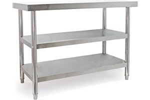 Wiltec Tavolo da lavoro in acciaio inox 120 x 60 x 85 cm con 2 ripiani inferiori e piedi regolabili