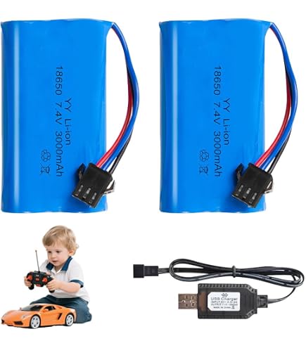AMZZN 7,4V 2000mAh 15C 2S SM-3P Plug Lipo Batterie avec Chargeur USB pour DE43 DE60 9500E RC Voitures, modèles Voitures, camions, Huina 1575 RC Voiture d'ingénierie, RC Batteries de Voiture Jouet