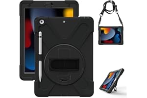 Gerutek Etui na iPada 9., 8., 7. generacji, 25.9 cm, wytrzymałe, odporne na wstrząsy, z obrotowym stojakiem 360, paskiem na ramię, uchwyt na rysik, etui na iPada 10.2 (2021/2020/2019), czarne