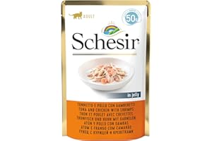 Schesir Cat Jelly Thon et Poulet avec crevettes, Nourriture pour Chat Humide en gelée, 30 sachets x 50 g