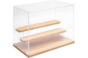 Nynelly 3 Tier Clear Acrylic Display Case for Models, Mini Figures, Pop Mart, Labubu, Sonny Angel, Smiski - Assemble Dustproof Display Box with Door, Display Stand (Wood Base Step)