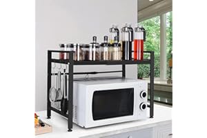 DDMINE 2X Erweiterbares Mikrowellen Regal, 2-stufiges Mikrowellenregal Mikrowellenhalter Organizer Einstellbar Länge für Bäckerregale, Mikrowellenständer mit Haken (Schwarz-2PCS, 40-64 * 36,5 * 45m)
