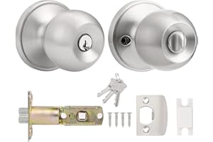 Probrico Entry Door Knob with Key Stainless Steel Exterior Door Knobs Round Security Front Door Lock Set Satin Nickel